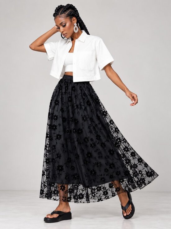 Cupshe Dresses & Skirts - Cupshe Floral Embroidery Mesh High Waist Midi Skirt Sheer Overlay M NWT